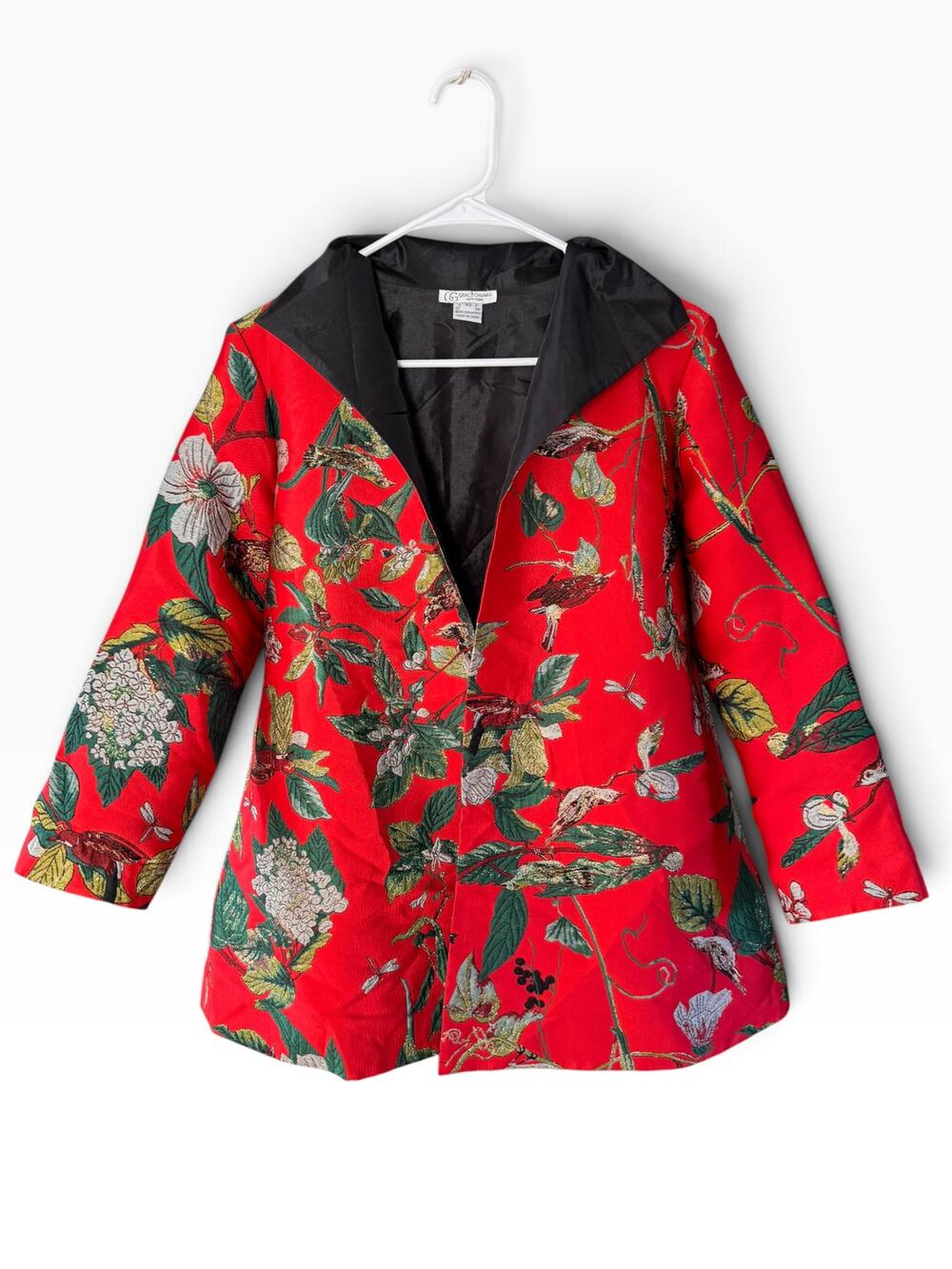 Grace Chuang New York Red Bird Floral Brocade Statement Jacket XS